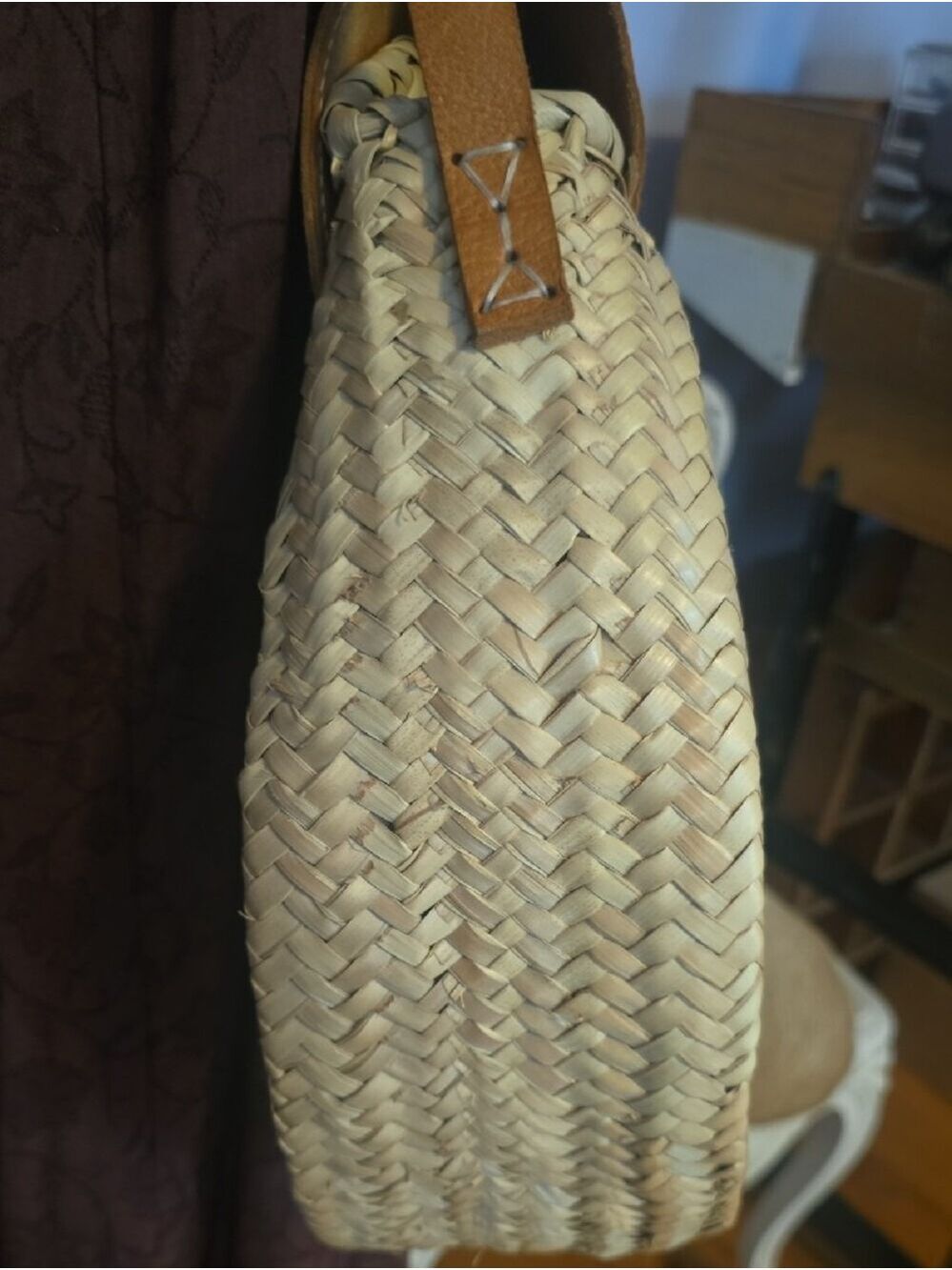 Woven Straw Circle Adjustable Crossbody Bag with Tan Leather Tassel Flap - Picture 5 of 10